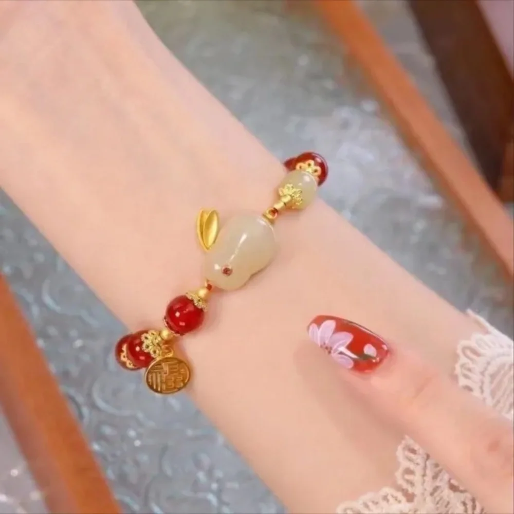 COPY - COPY - Gold Red White Jade Rabbit Bunny Stretch Bracelet - Picture 3 of 6